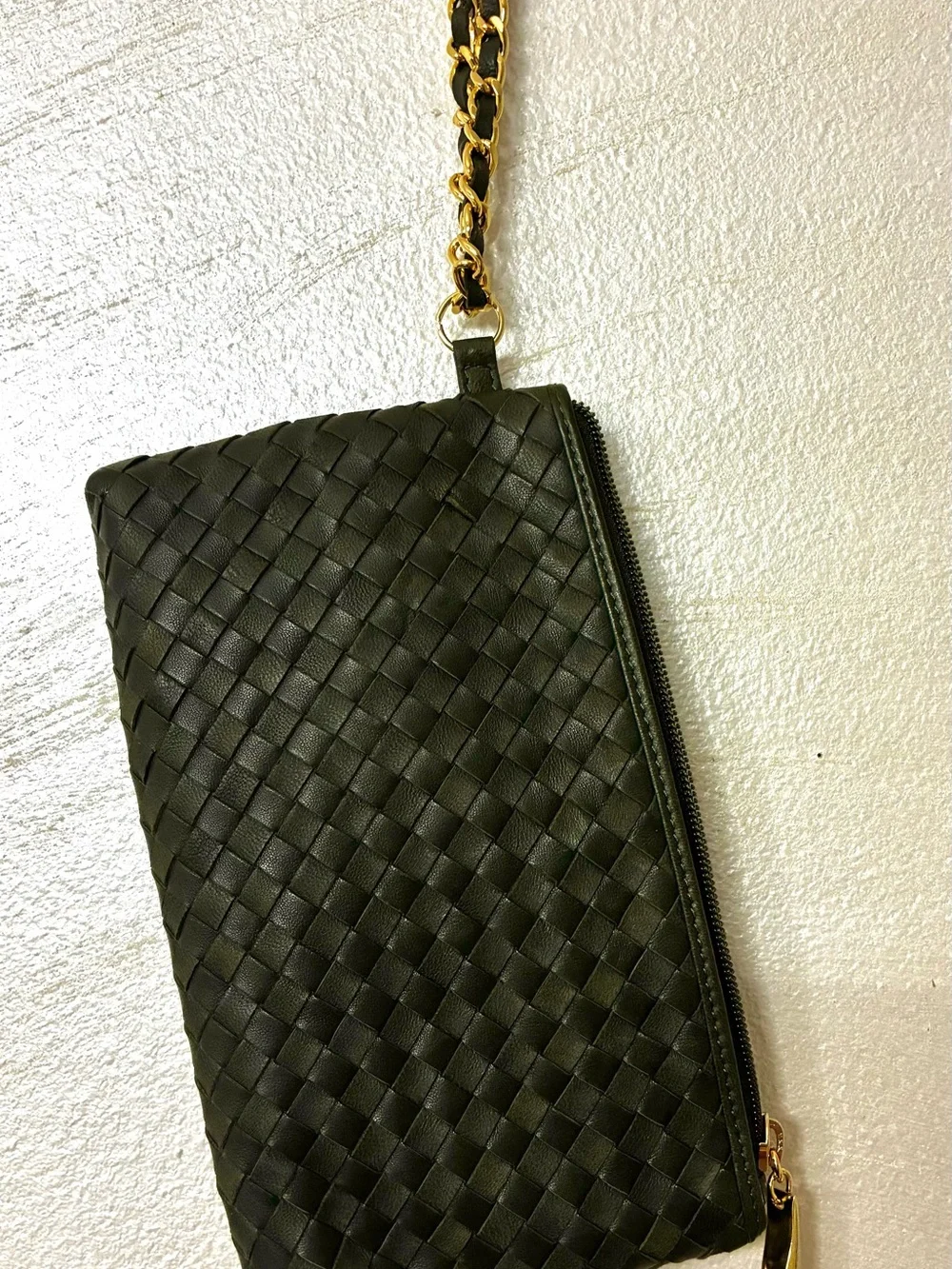 Dark olive green Woven Wristlet Clutch with Gold Chain